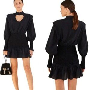 FARM Rio Heart Neckline Mini Dress Smocked Ruffle Cutout Black Satin Size S